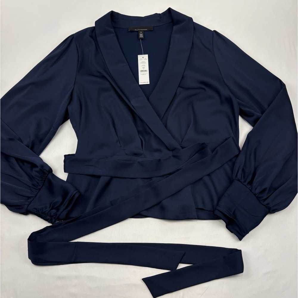 NWT White House Black Market Blue Satin Wrap Blouse Tie Waist Puff Sleeve Sz 14 - Picture 2 of 16